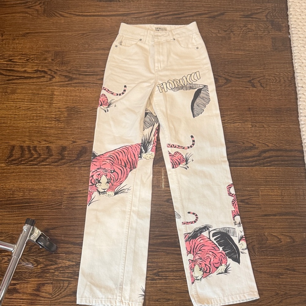 Fiorucci Women's Cream Jeans with Pink Tiger Design